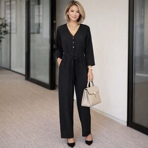 🔥🔥🔥Area Stars Womens Black Long Sleeve V-Neck Button Front Belted Jumpsuit